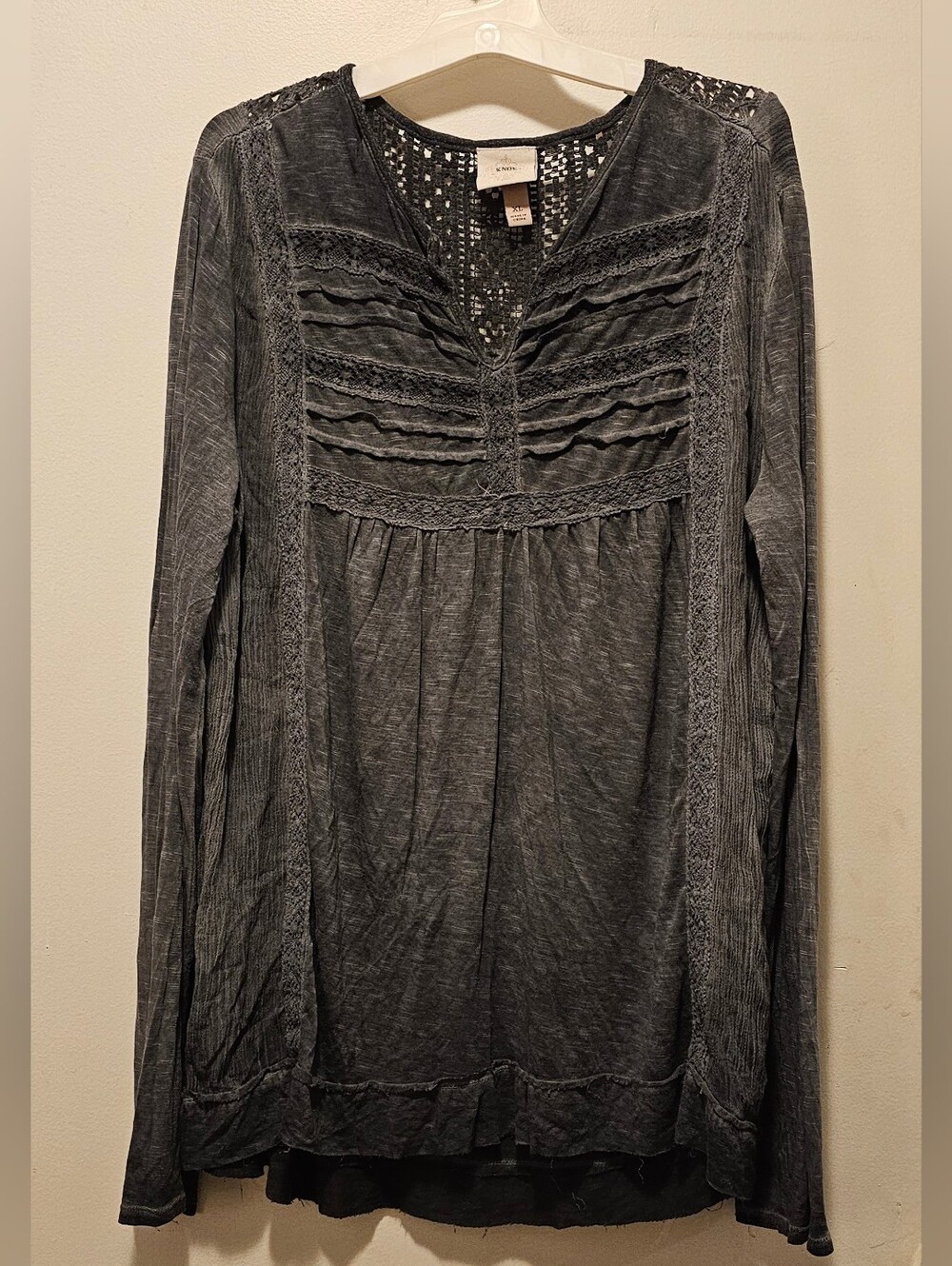 Knox Rose XL Charcoal Gray Crochet Lace Boho Long Sleeve Tunic Top